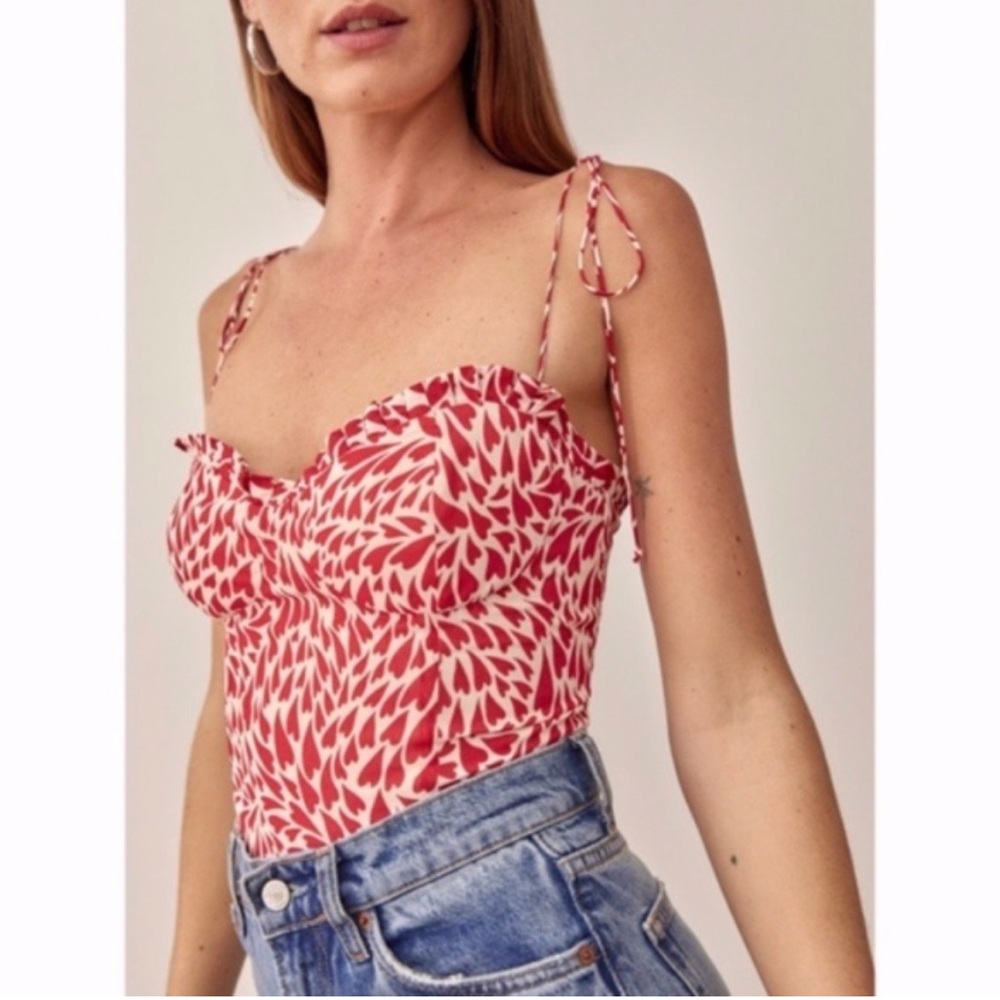 Reformation Red & White Printed Tie-Strap Bustier Top